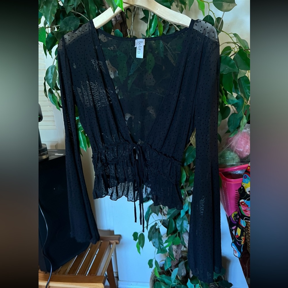 Elegant Black Ruffled Wrap Blouse